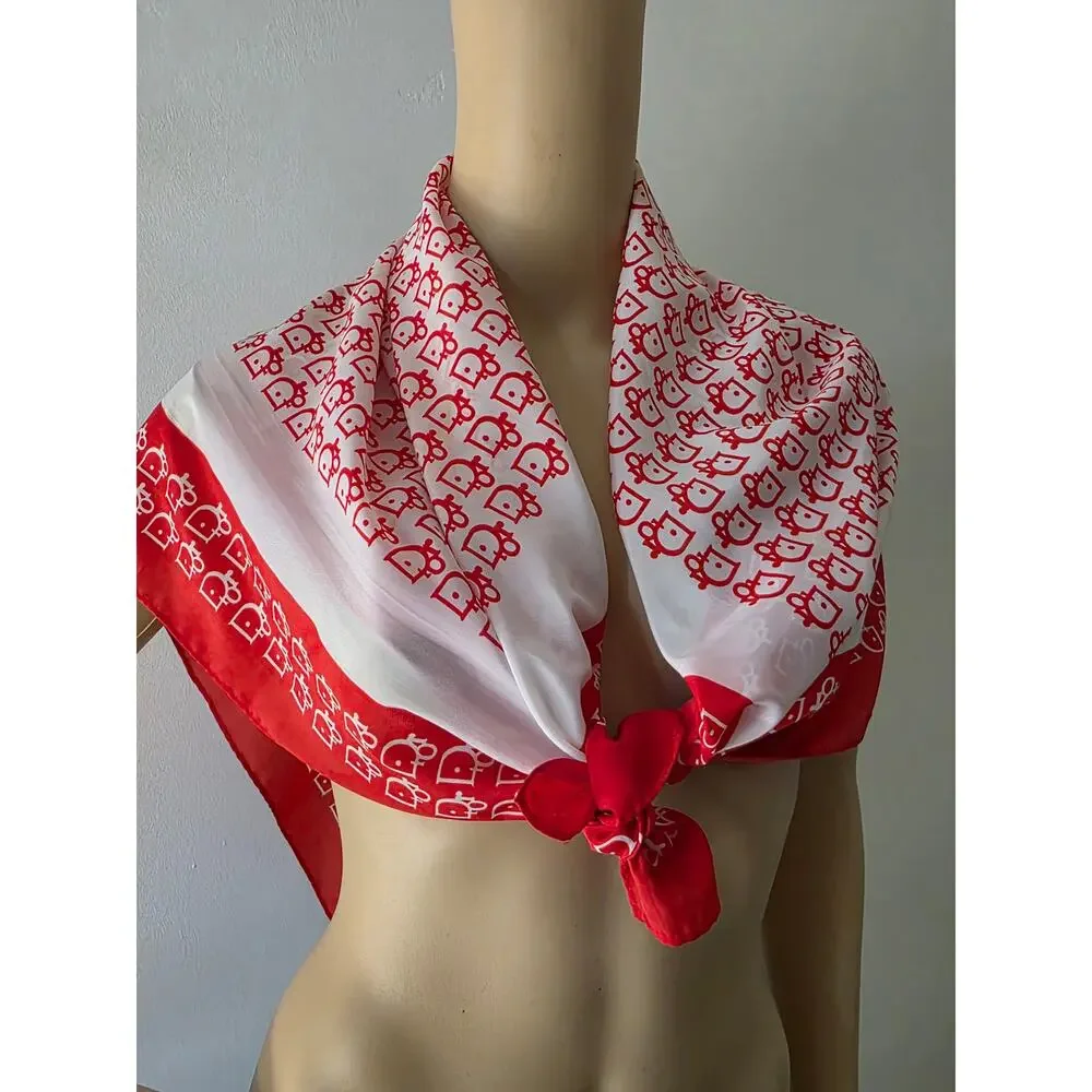 Christian Dior Red White CD Silk Printed Scarf